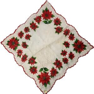 VTG Christmas Red Poinsettias Handkerchief Green Red Hanky Scalloped Edge Flower